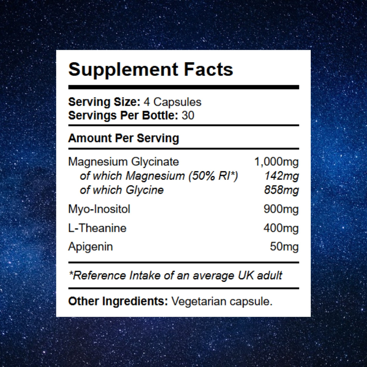 Supplement for improved sleep containing Magnesium Glycinate, Glycine, Inositol, L-Theanine & Apigenin