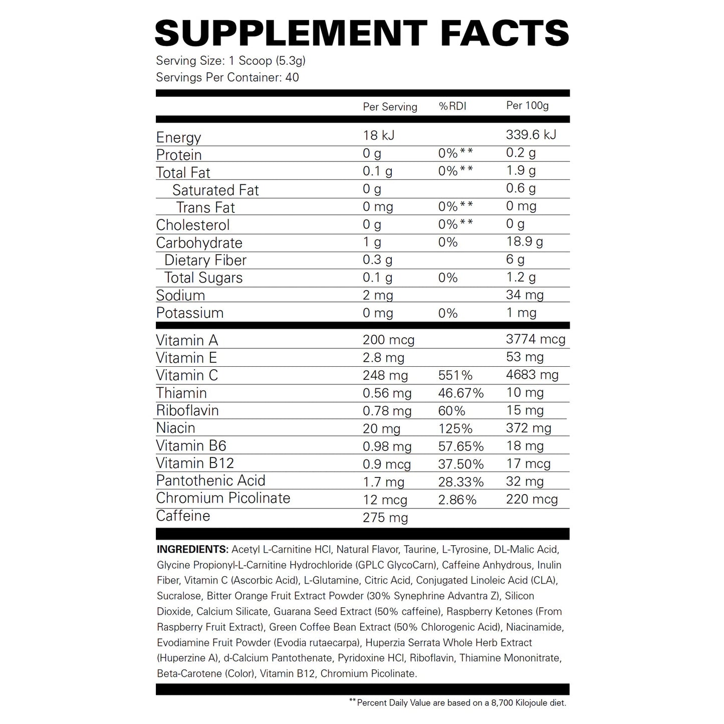Oxyshred Hardcore Nutritional Information
