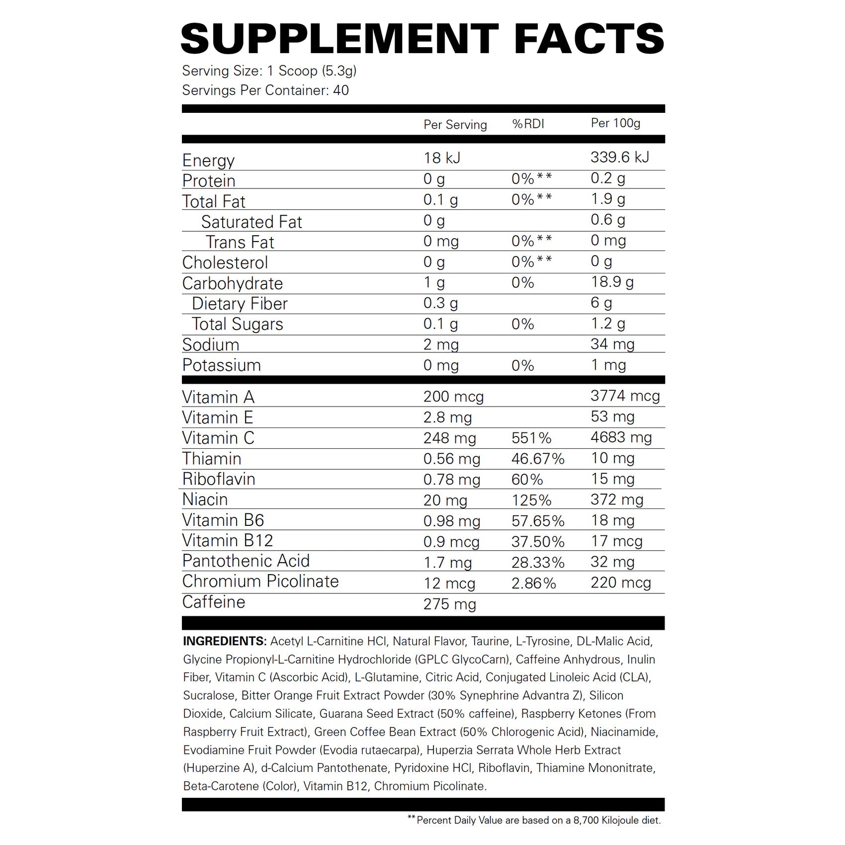 Oxyshred Hardcore Nutritional Information