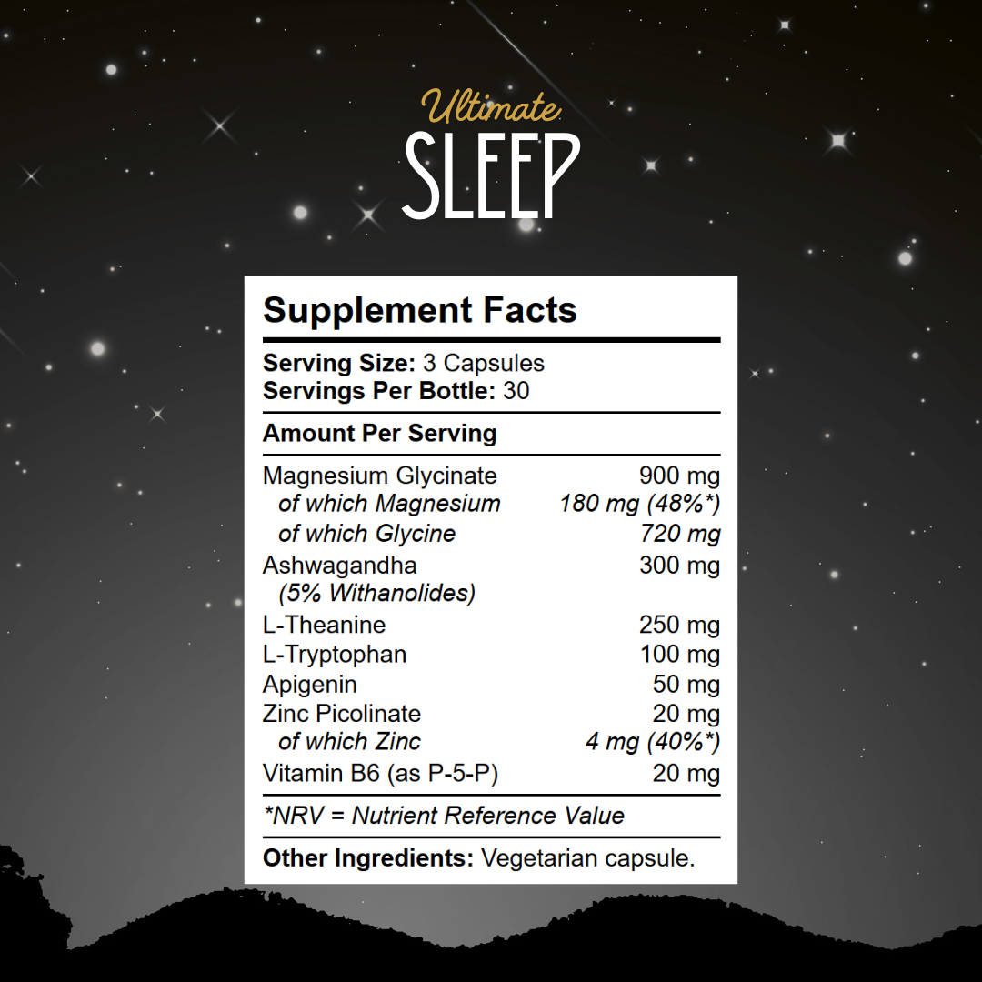 Sleep supplement with magnesium glycinate, ashwagandha, L-theanine and apigenin
